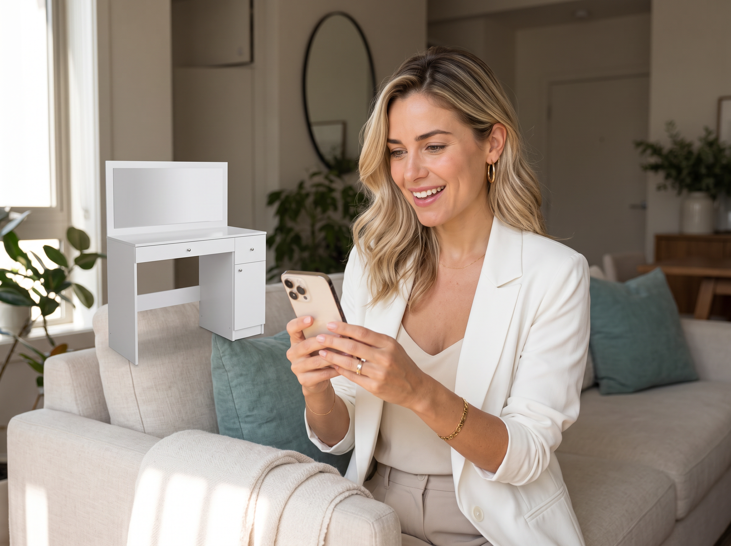 Mujer sonriente sentada en su sala de estar visualizando un mueble en realidad aumentada a través de su smartphone
