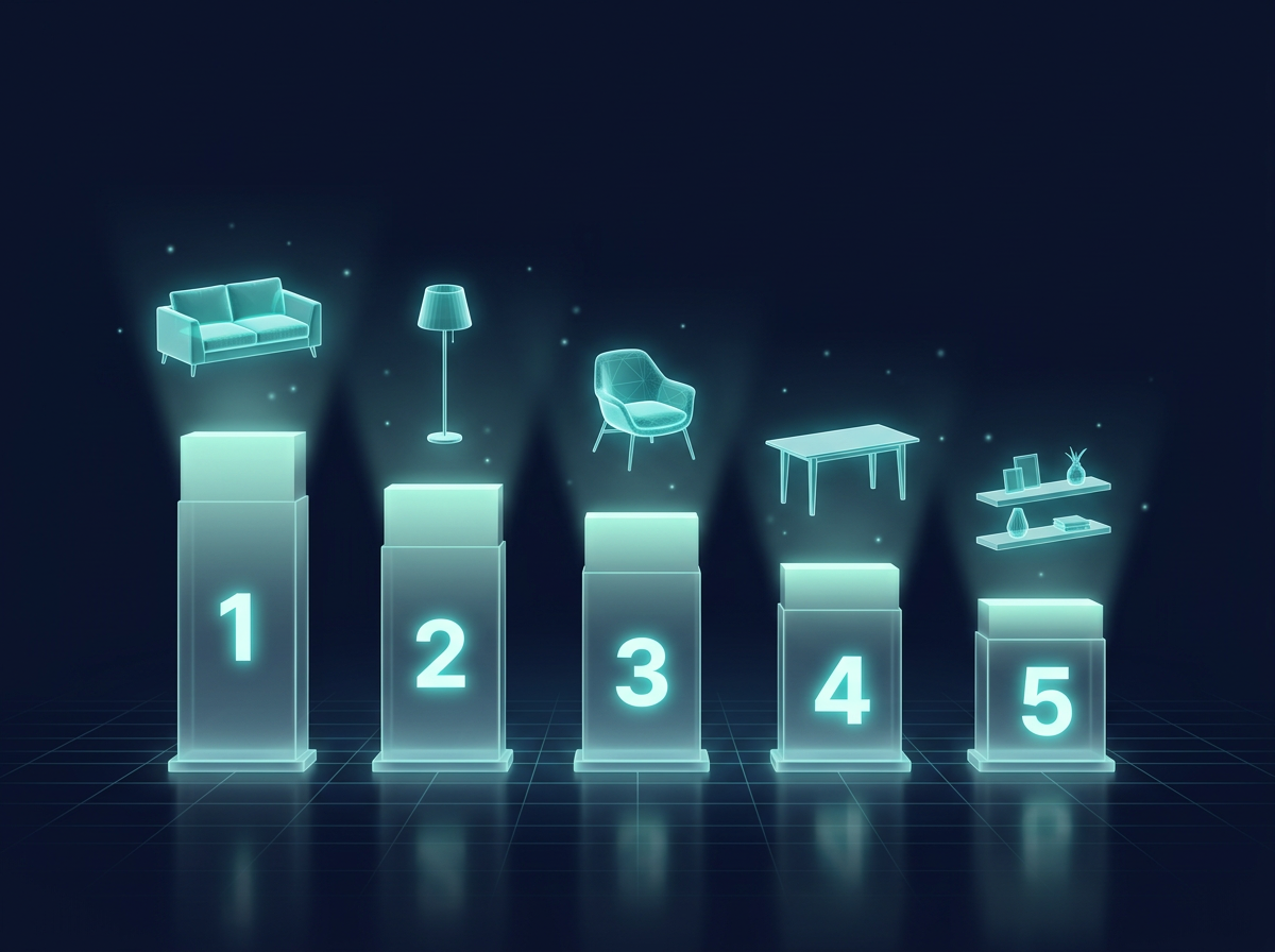 Ranking ilustrado del Top 5 de modelos 3D más vistos, representado como podios numerados del 1 al 5 con íconos holográficos de muebles
