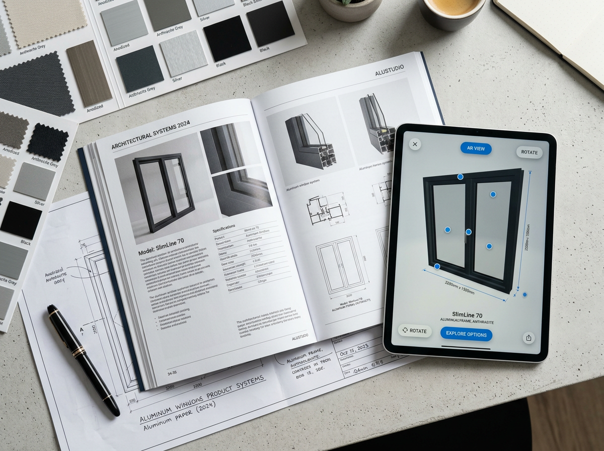 Catálogo impreso junto a tablet mostrando los mismos productos como modelos 3D digitales interactivos