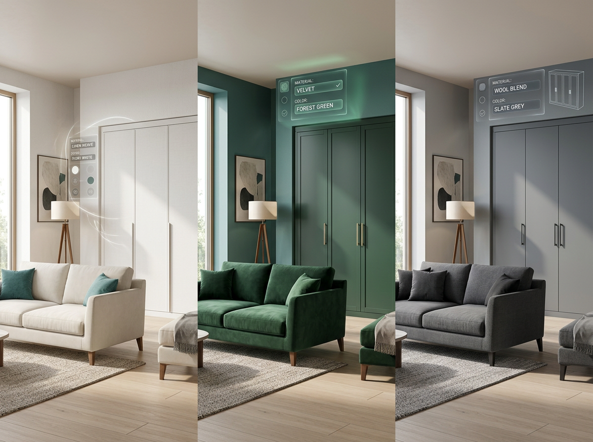 Composición de muebles en distintas variantes de color con overlays de realidad aumentada, mostrando el configurador de Augmmerce