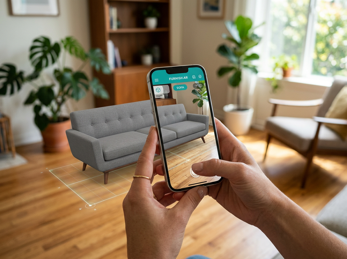 Persona usando realidad aumentada en su smartphone para visualizar un sofá en su sala antes de comprarlo