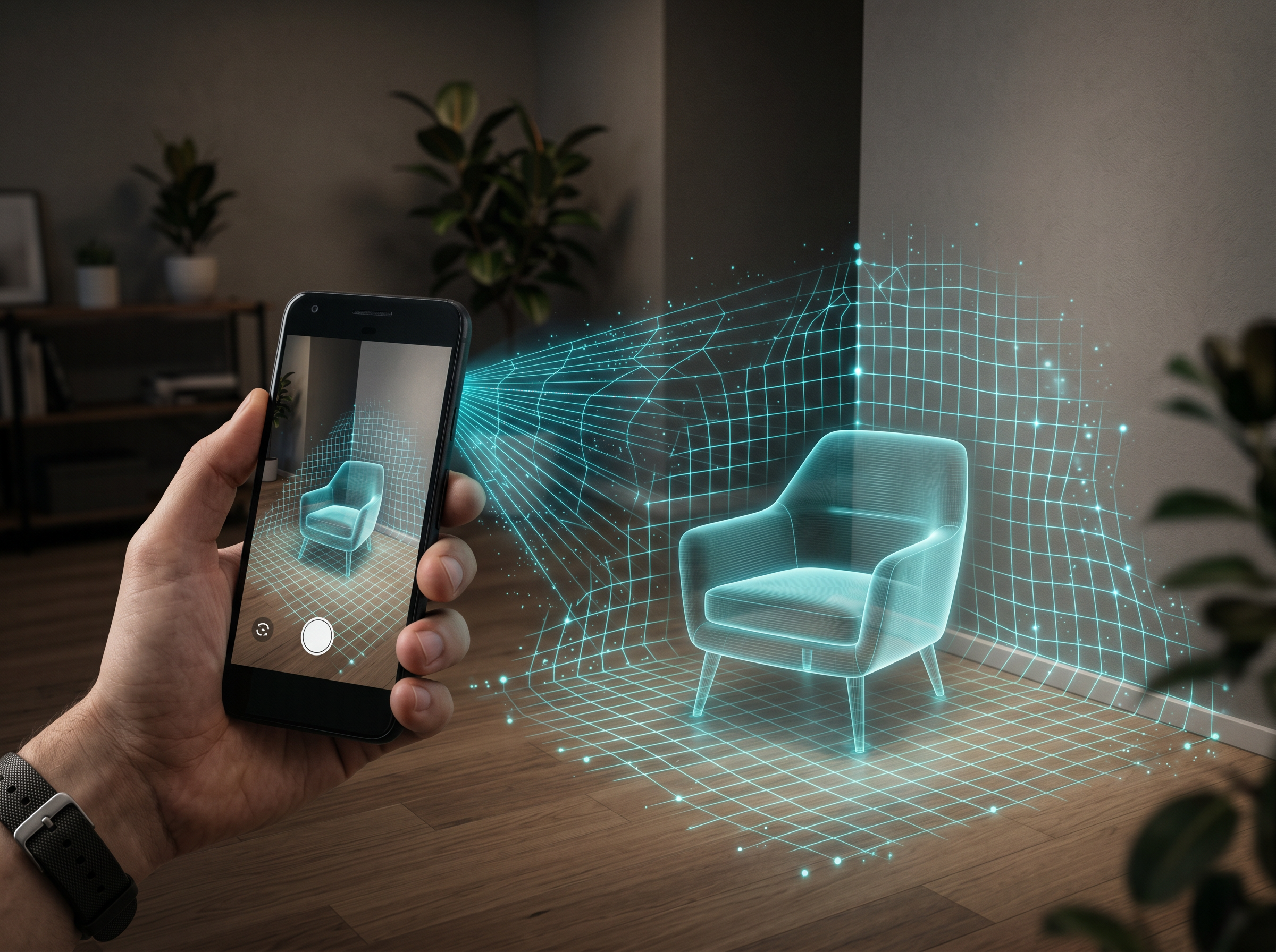 Smartphone mapeando el entorno físico en tiempo real para anclar un objeto de realidad aumentada