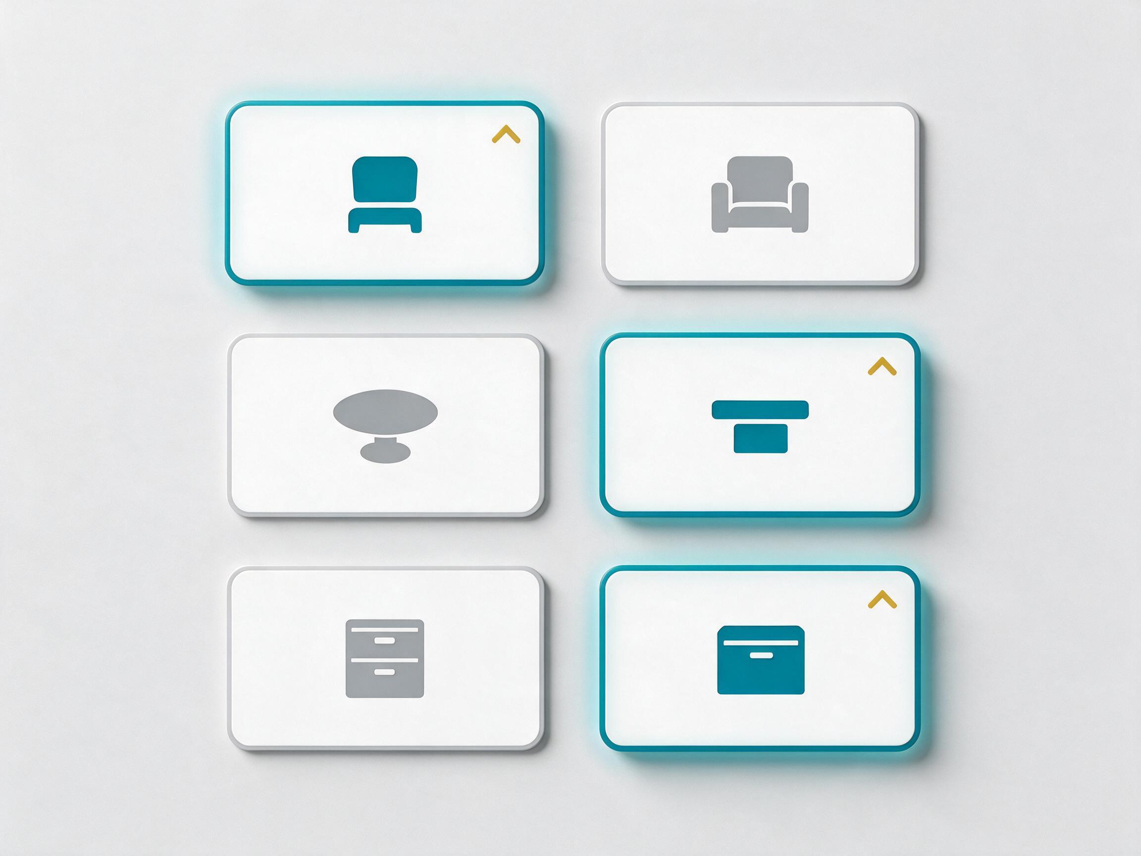 Tarjetas de productos de un catalogo de e-commerce, con algunas destacadas en color teal representando la priorizacion de que productos modelar en 3D primero