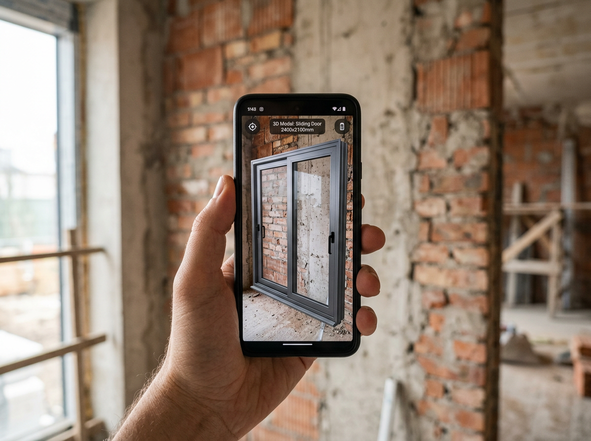 Vendedor mostrando ventana de aluminio en realidad aumentada a través del celular en una obra en construcción