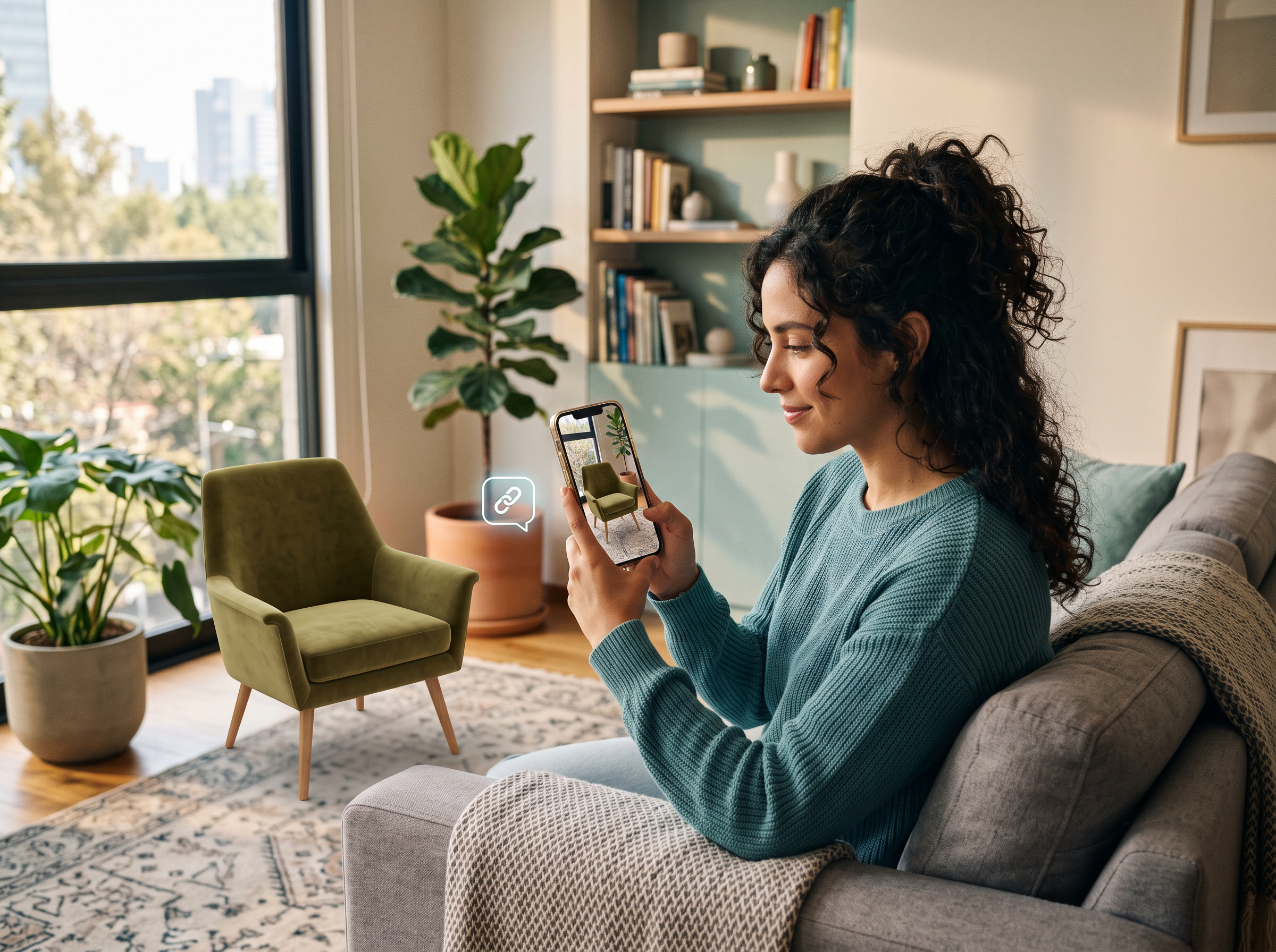 Mujer usando su celular para ver un sillón en realidad aumentada dentro de su living, con un ícono de enlace compartido por chat