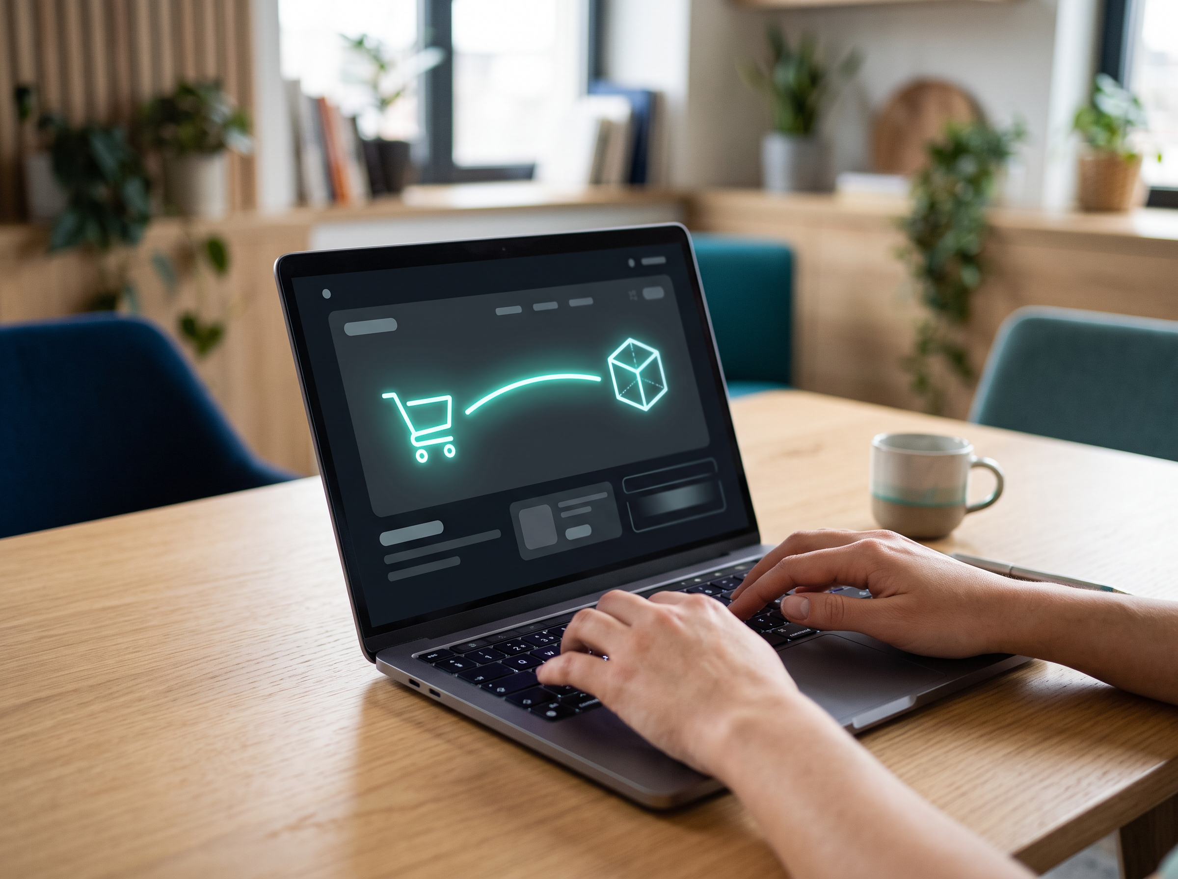 Manos escribiendo en una laptop con un ícono luminoso de integración entre un carrito de compras y un modelo 3D